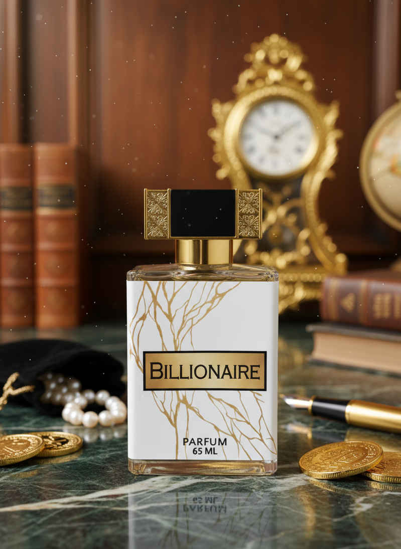 Billionaire parfum bottle on a marble surface with decorative items in the background