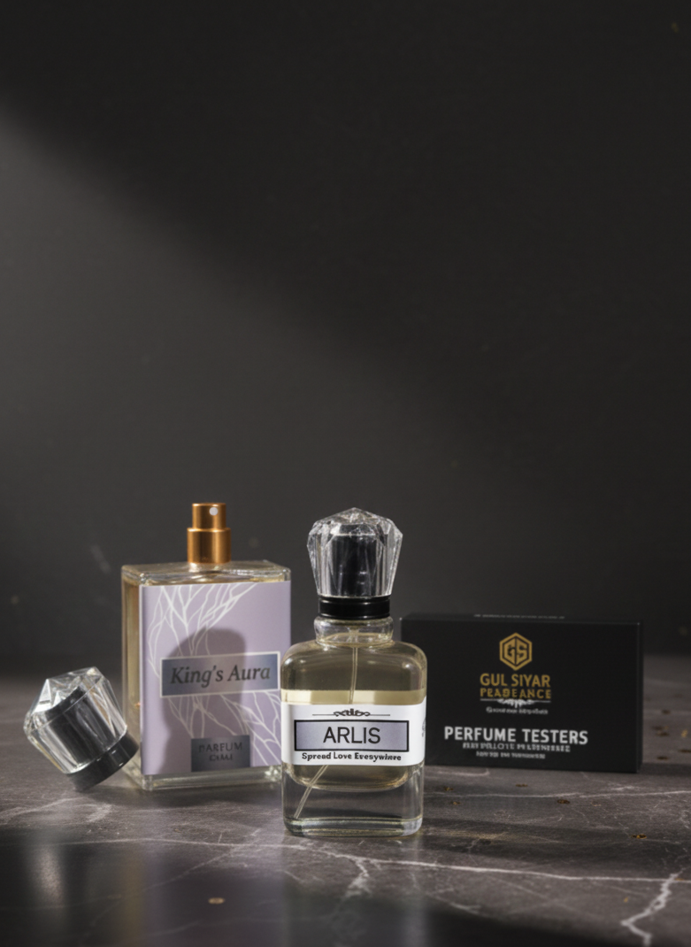 Two perfume bottles labeled 'Arlis' on a dark surface with a black background