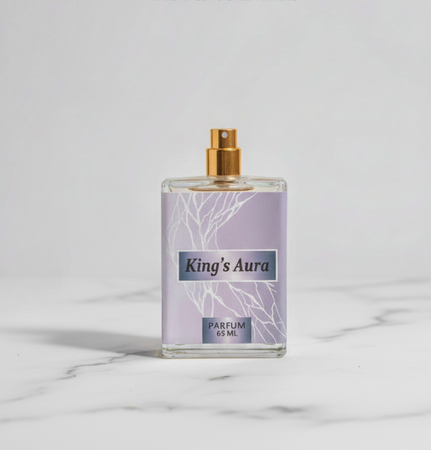 Perfume bottle labeled 'King's Aura' by Gulsiyar Fragrance on a marble surface.