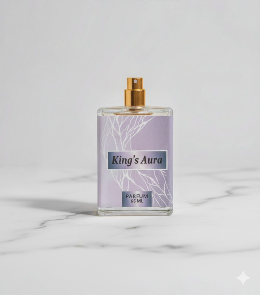 Perfume bottle labeled 'King's Aura' by Gulsiyar Fragrance on a marble surface.