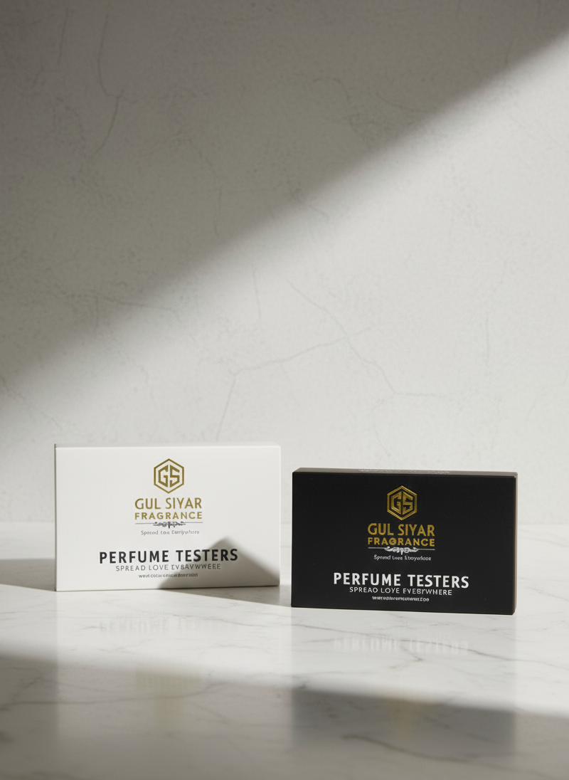 Two perfume tester boxes from Gul Siyar Fragrance on a light gray surface.